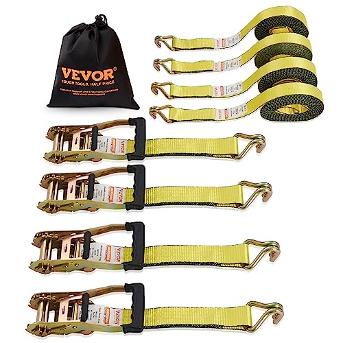 VEVOR Ratchet Tie Down Straps (4-Pack), 10000 lb Break Strength, Heavy Duty Double J Hooks, 2" x 27' with Padded Handles - Ideal for Moving, Securing Cargo, Appliances, Lawn Equipment, and More
