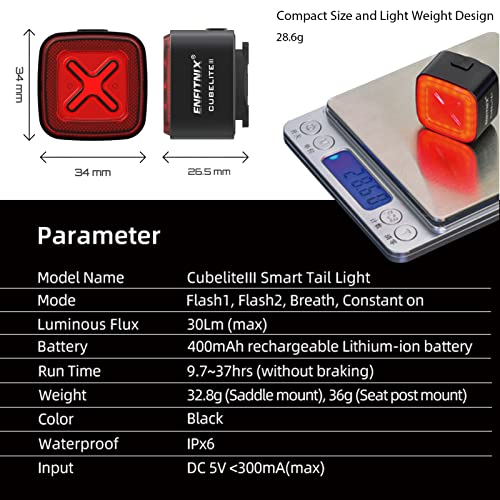 CUBELITE III Smart Bike Light,Ultra-high Visibility, Auto On/Off, Dual-Channel LED Automatic Brake-Sensing Taillight, USB Type-C Rechargeable Ultra-Long Standby, IPX6 Waterproof, 4 Lighting Modes.