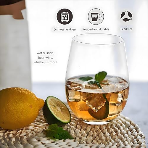 Stemless Wine Glasses Set of 4 - 20oz Lead-Free Dishwasher Safe for Outdoors & Parties