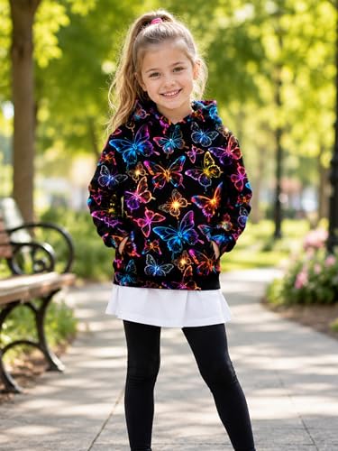Girls Neon Butterfly Graphic Hoodie, Long Sleeve Hooded Sweatshirt 9-12 Years