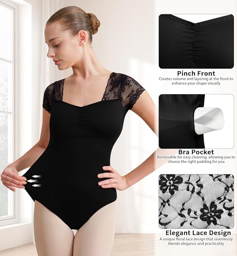 Women Lace Short Sleeve Ballet Leotard Open Back Medium Black
