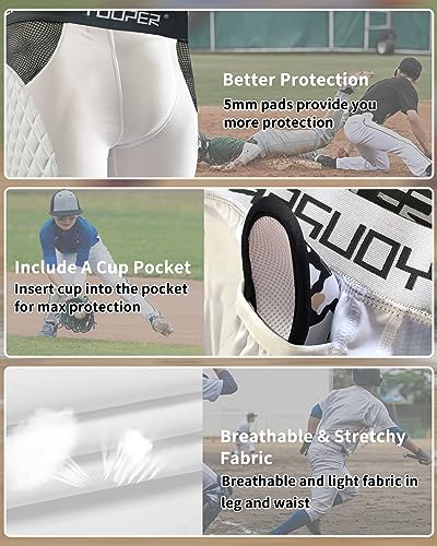 Youper Youth Elite Compression Padded Sliding Shorts with Cup Pocket Medium White for Baseball