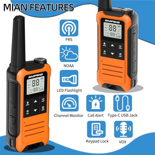 Long Range Two-Way Radios Pack of 4 - Rechargeable FRS Walkie Talkies with NOAA Weather & Flashlight, Orange, Black, Blue, Green
