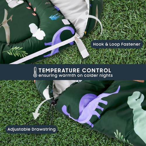 Kids Dinosaur Sleeping Bag for Camping - Dark Green, 61x26 inches