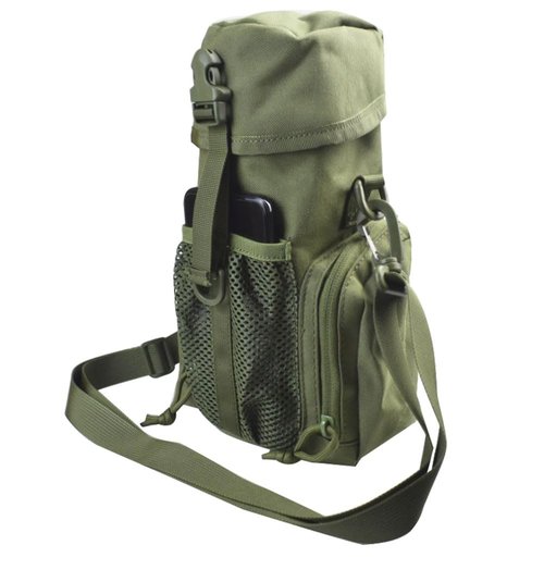 Molle Water Bottle Holder for 64 oz Bottles - Carry, Protect and Insulate Your Flask with Military Grade Carrier 2 Zipper Pockets and an Adjustable Shoulder Strap (Green)