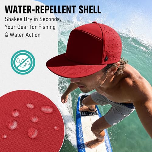 Red Flat Brim Baseball Cap for Men Adjustable Water-Resistant Breathable Performance Hat