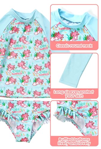 PinkSheep Girls Long Sleeve Two-Piece Swimsuit with Rush Guard for 3-4T - Axolotl Variation