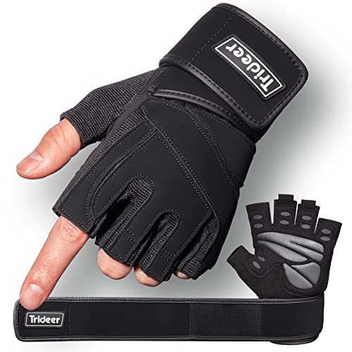 Trideer Workout Gloves for Men, Weight Lifting Gloves with Wrist Wrap Support, Full Palm Protection & Extra Grips for Weightlifting, Exercise, Cross Training, Fitness, Pull-up