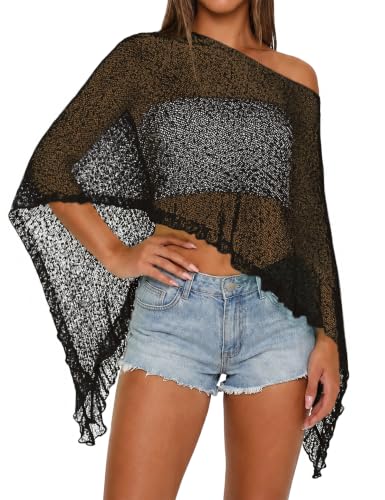 Women's Sheer Knit Poncho Cover Up with Ruffle Mesh Top - Black - Summer Beach Outfit