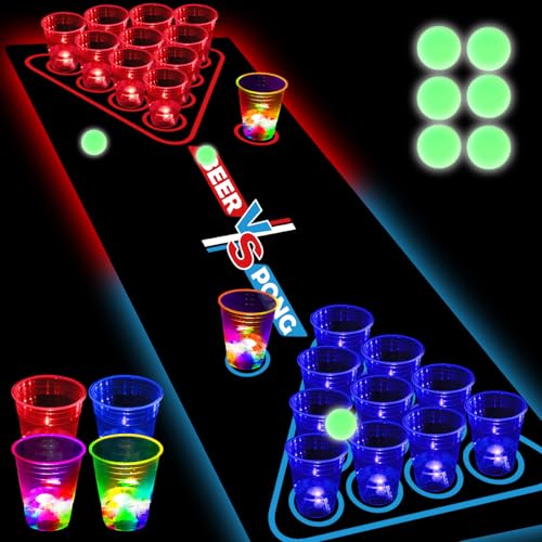 Glow in the Dark Beer Pong Set with Light-Up Cups & Pongs for Party Indoor Outdoor