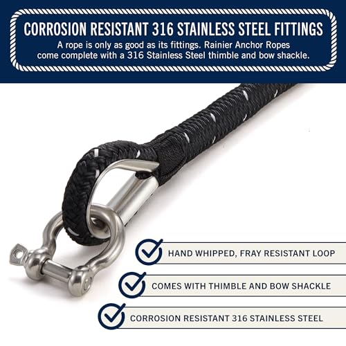 Rainier Supply Co 100 ft Black Double Braided Marine Anchor Rope with Stainless Steel Thimble
