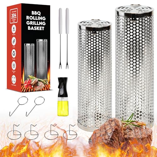 Heavy Duty Stainless Steel BBQ Baskets Set for Outdoor Grilling, 360° Rotation