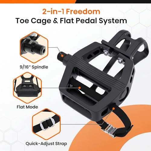 Bike Pedals with Toe Cages for Regular or Clipless Shoes 9/16"