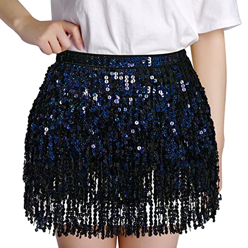 Black Sequin Tassel Hip Scarf for Belly Dance Women - 12 Inches