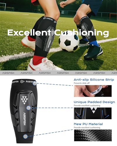 Youth Soccer Shin Guards with Impact-Absorbing Sleeves - Black, Medium (10.6-11.4")