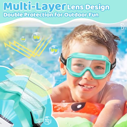 Kids Swim Goggles - Anti-Fog UV Wide View, Fabric Strap, Black & Green