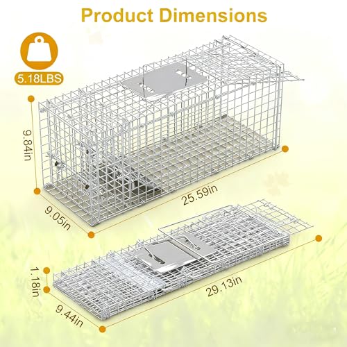Humane Animal Trap Cage for Cats and Small Animals - Silver, 25.59x9.05x9.84 Inches - Folding Catch and Release Design