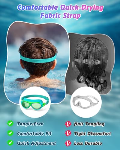 Kids Swimming Goggles with Fabric Strap for 8-16, No Leaking, Wide View, Anti-Fog UV, Green