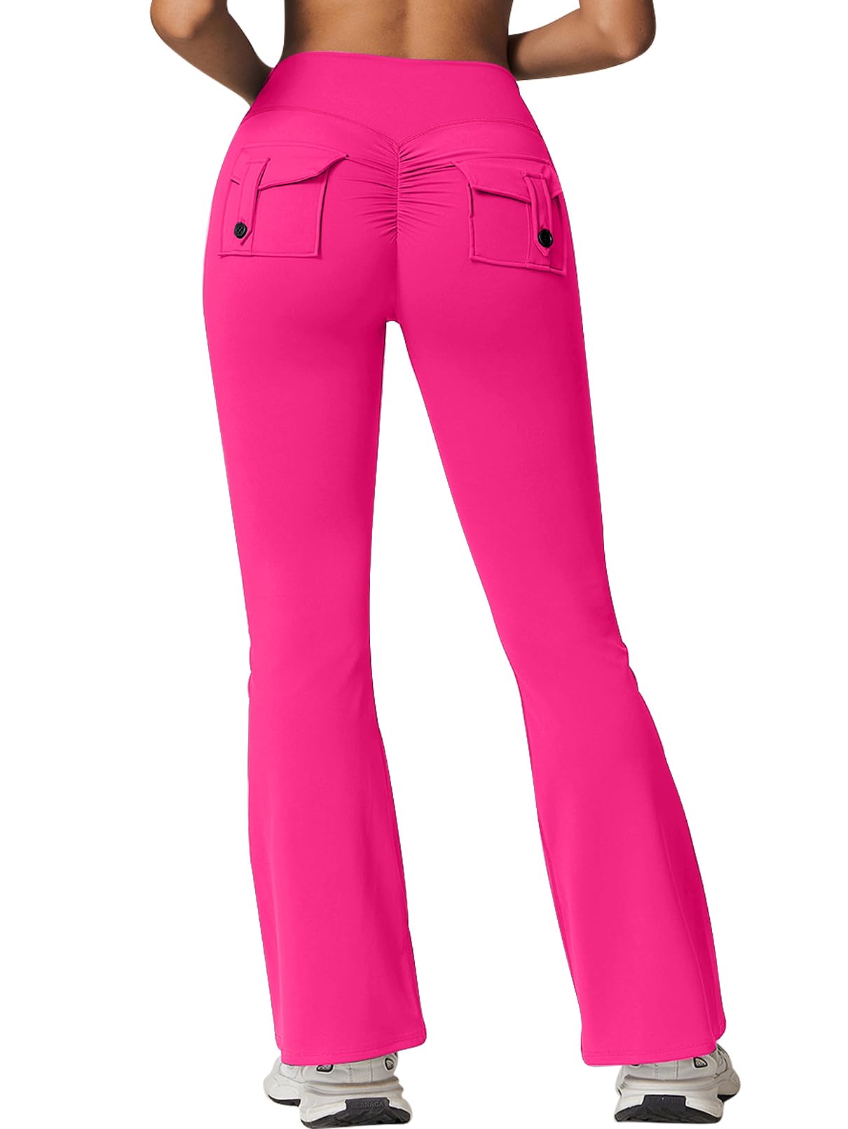 Rugkey Women High Waisted Flare Leggings with Pockets Tummy Control Compression Yoga Pants Scrunch Butt Lifting Workout Tights Rose-L