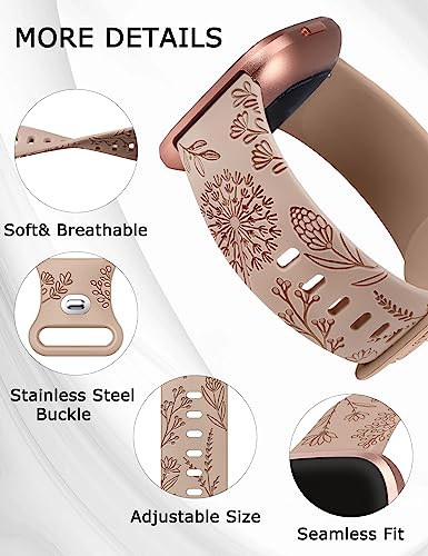 Minyee Floral Engraved Silicone Watch Band for Fitbit Versa 2 - Starlight & Nude & Brown