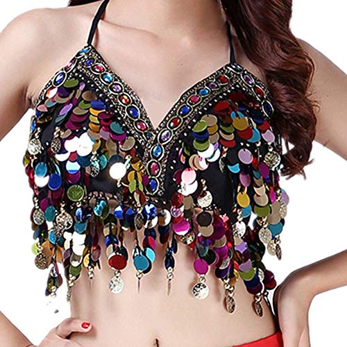 Sequin Halter Bra Top for Belly Dance Festival Boho Clubwear - Black with Colorful Beads