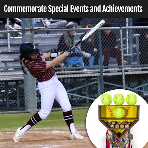 Wooden Softball Display Case Wall Mount for Medals & Rings - Collection Holder