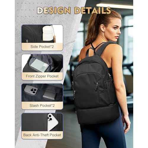 Gym Backpack for Women Men, Lightweight Gym Bag with Shoe Compartment, Waterproof Sports Backpack with Wet Pocket, Black