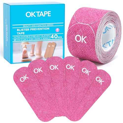 OK TAPE Pre-Cut Blister Bandages for feet | Blister Prevention Tape for Feet, Fingers, Toes | 1.2in x 3.5in,Pink,40pcs