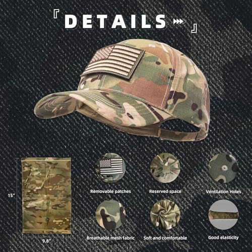 Camo Hat Baseball Cap Camo Face Mask Neck Gaiter with American Flag Patch for Men/Women Outdoors Tactical Military