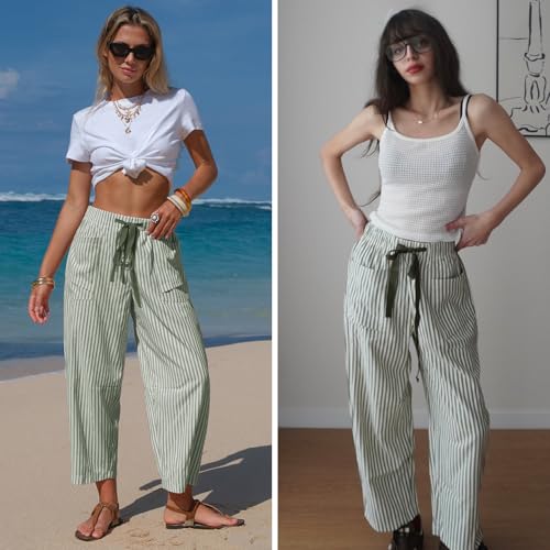 Women's Faux Linen Striped Barrel Capri Pants with Drawstring - Medium Grey Green