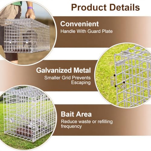 Humane Animal Trap Cage for Cats and Small Animals - Silver, 25.59x9.05x9.84 Inches - Folding Catch and Release Design