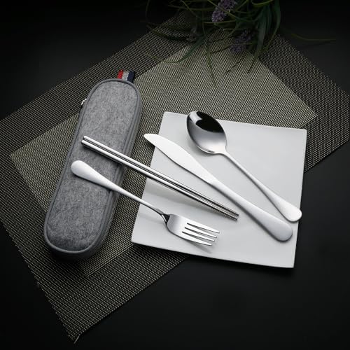 DEVICO Travel Silverware Set with Case - 5 Pcs Portable Stainless Steel Utensils