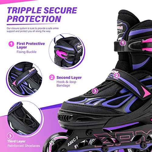 2PM SPORTS Vinal Girls Adjustable Flashing Inline Skates, All Wheels Light Up, Fun Illuminating Skates for Kids Men Adult Women and Boys