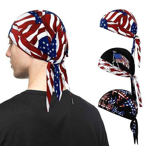YOYOU Skull Cap American Flag Bandana, Pirate Welding Caps Hard Hat Liner, Sweat Caps for Men, Helmet Liner Quick Dry Cycling Hat 3 Pieces