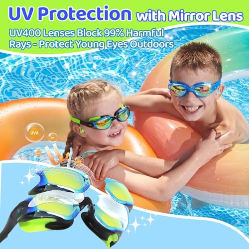 Kids Swim Goggles with Earplugs & Nose Clip - Green & Black, Age 3-15