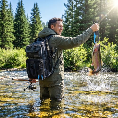 PLUSINNO Fishing Backpack with Tackle Box - Black Camouflage Waterproof Storage Bag