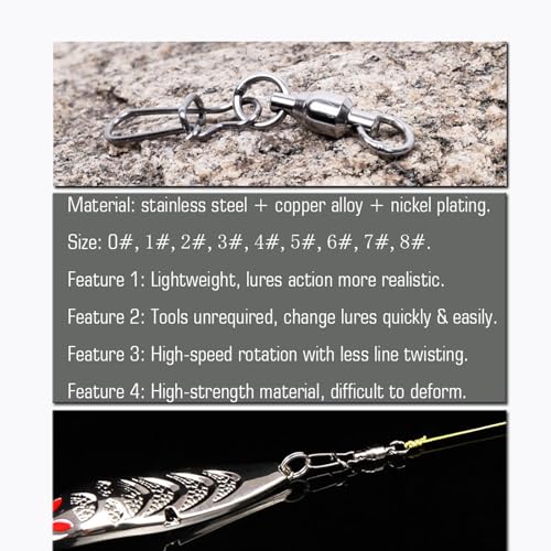 Size 1+1 (40lb) 50 pcs Stainless Steel Duo Lock Fishing Snap Swivels Saltwater & Freshwater Tackle