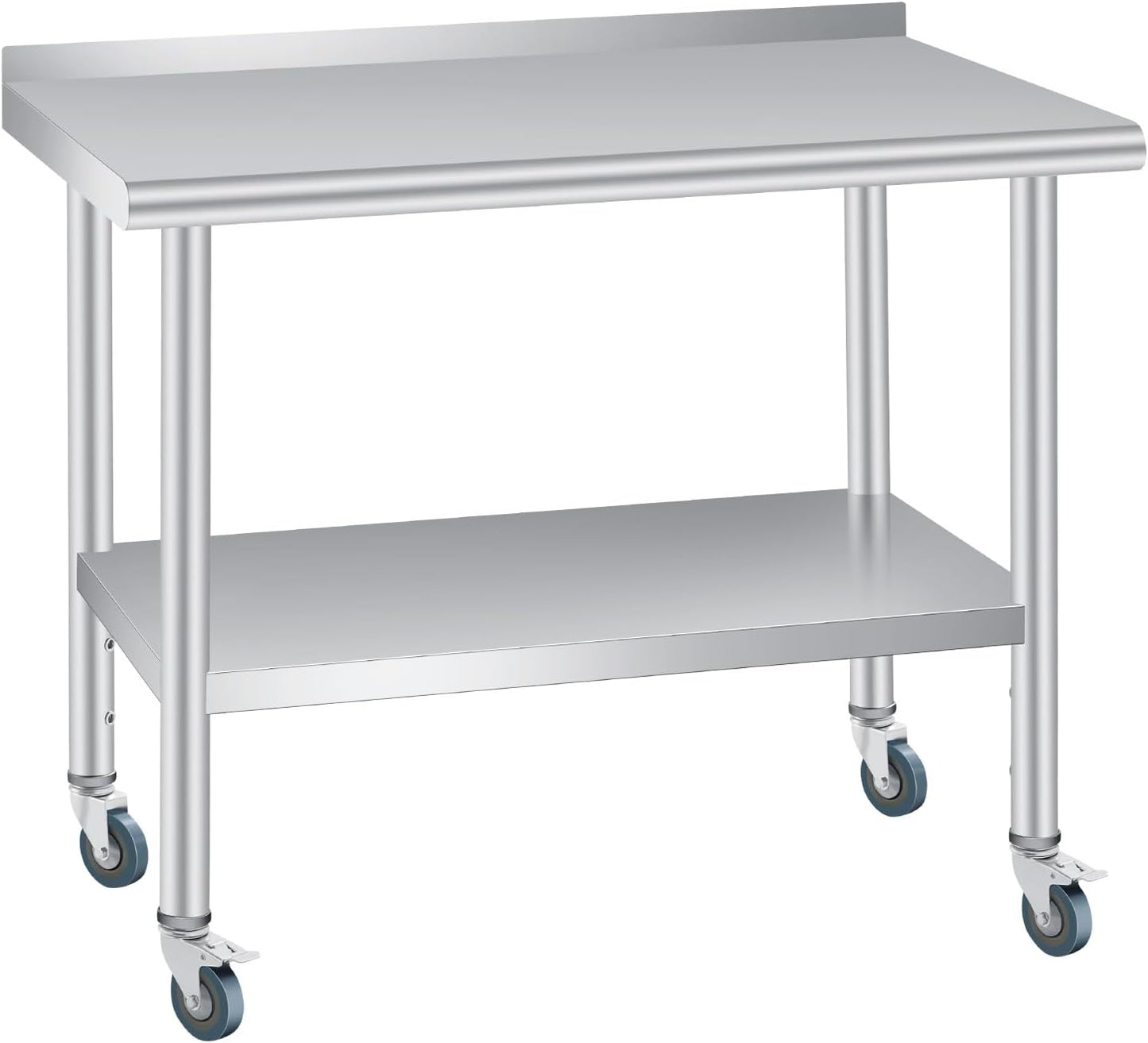 Stainless Steel Prep Table, 48 x 24 Inches, with Backsplash, Adjustable Undershelf and 4 Caster Wheels, Commercial Heavy Duty Table with Adjustable Under Shelf for Outdoor Use,Restaurants,Hotels,Works