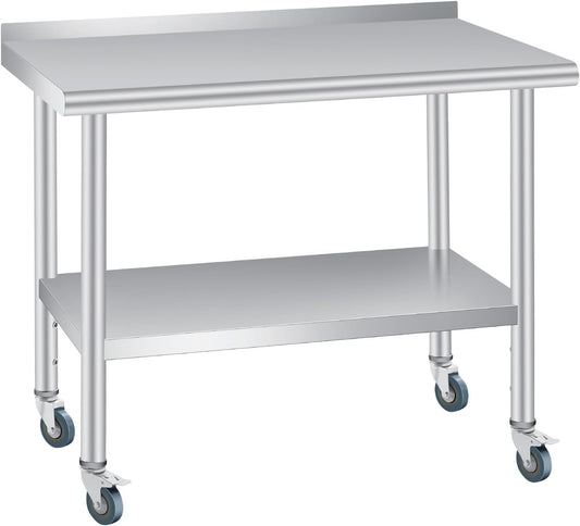Stainless Steel Prep Table, 48 x 24 Inches, with Backsplash, Adjustable Undershelf and 4 Caster Wheels, Commercial Heavy Duty Table with Adjustable Under Shelf for Outdoor Use,Restaurants,Hotels,Works