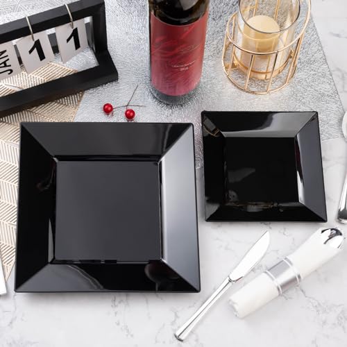 Black Square Plastic Plates Set 100 Pack - 9.5" & 6.5" Disposable Dinnerware