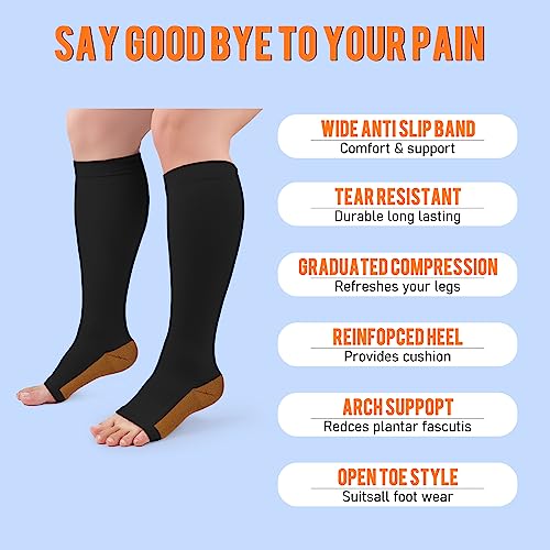 Copper Compression Socks for Men & Women 15-20mmHg Open Toe Support Black 3X-Large