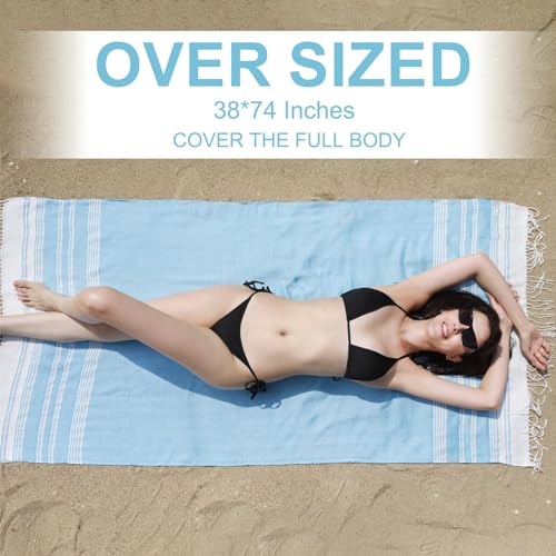 Genovega Oversized Turkish Beach Towels 74"x38" Thin Quick Dry Sand Free Pool Swim Bathing Towel Extra Large Blanket Adult Travel Essentials Cruise Accessories Must Haves Summer Light Blue Stuff