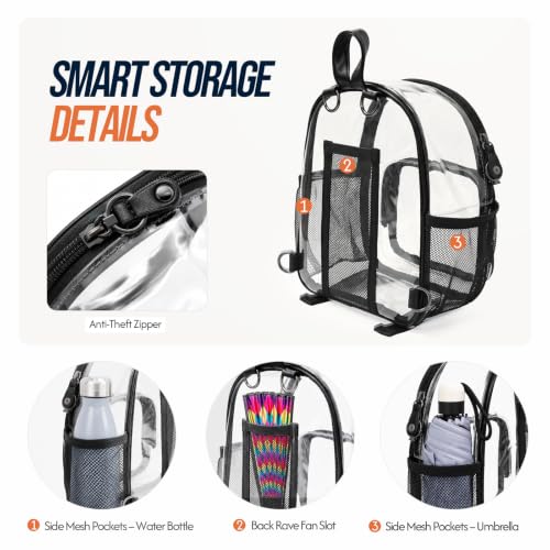 Mini Clear Stadium Backpack with Fan Holder - Small Anti-Theft Transparent Bag for Concerts & Festivals