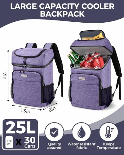 Lightweight Insulated Cooler Backpack for 30 Cans - Purple-Titan - Leak-Proof, Picnic, Hiking, Camping