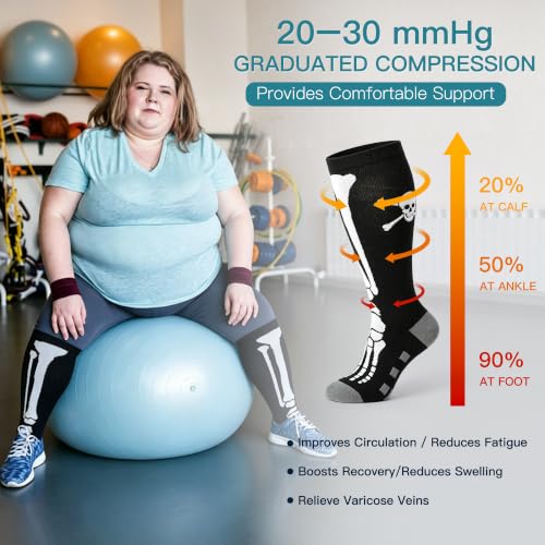 Wide Calf Compression Socks for Women & Men 20-30 mmHg Knee High 3/4 Pairs Skull Variation