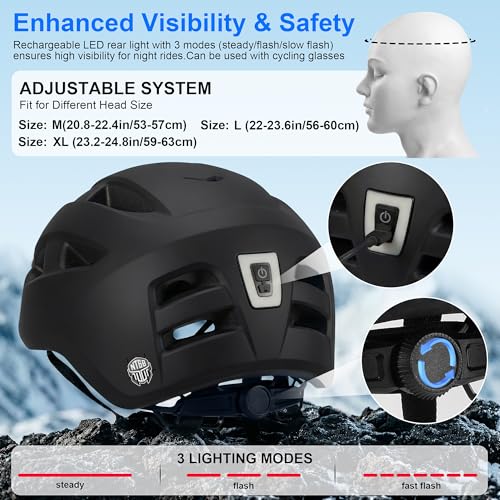 Adult Bike Helmet with Rear Light, Matte Black, L Size 22-23.6in