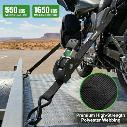 Retractable Ratchet Straps 1in x 10ft Black - 1650lb Break Strength, Auto-Rewind