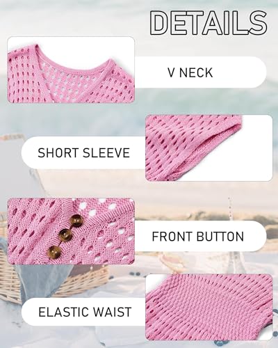 Girls Crochet Swim Cover Up with Buttons - Pink, 9-10 Years