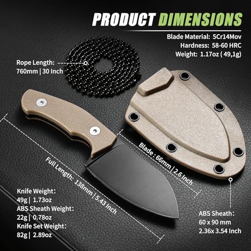 EDC Neck Knife with Sheath - Khaki Handle, 2.8" Stainless Steel Blade, Tactical Fixed Blade Camping Knife, Variation: Khaki-Black