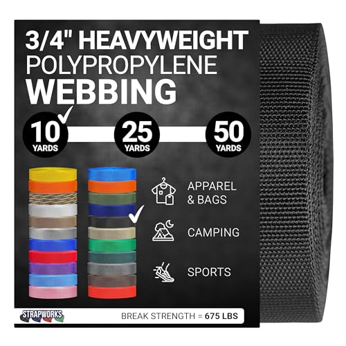 Heavy Duty Polypropylene Webbing - Black 3/4 Inch x 10 Yards Outdoor Gear Repair